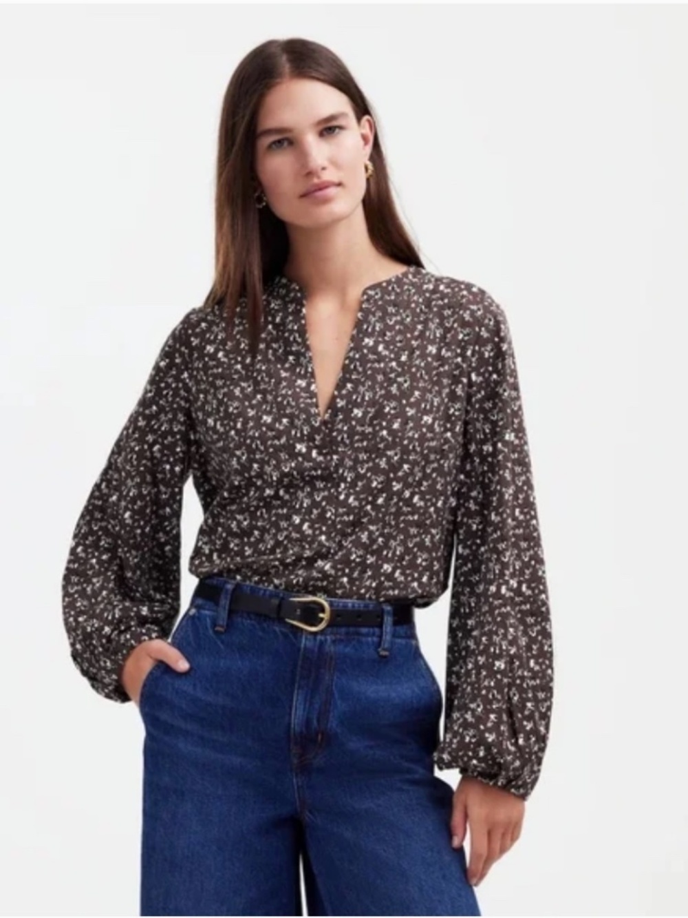 Madewell V-Neck Long-Sleeve Dark Carob Floral Top Size Large
